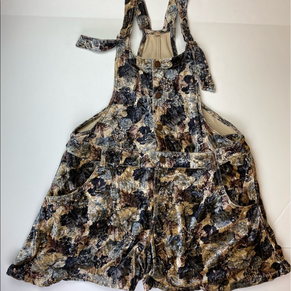 Free People Floral Velvet Short Overalls in Blue Brown Tan